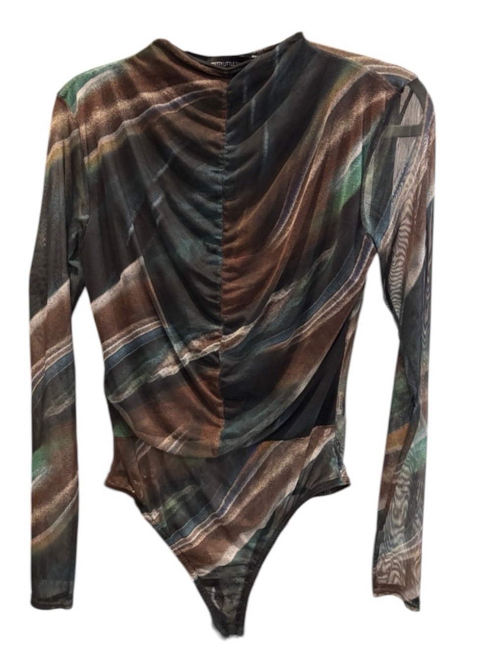 PrettyLittleThing Brown & Green Ruched Long-Sleeve Mesh Bodysuit Size 6